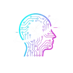 Logo design of a human head silhouette made of circuit lines with a sprouting plant inside, symbolizing AI, technology, and growth, in gradient colors of blue and pink on a dark blue background.